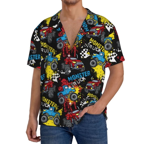 Goofa Monster Car Printed Men's Casual Short-sleeved Shirt,Lightweight Breathable Button-down,Summer Casual men's top,Versatile Fashion shirt-X-Large