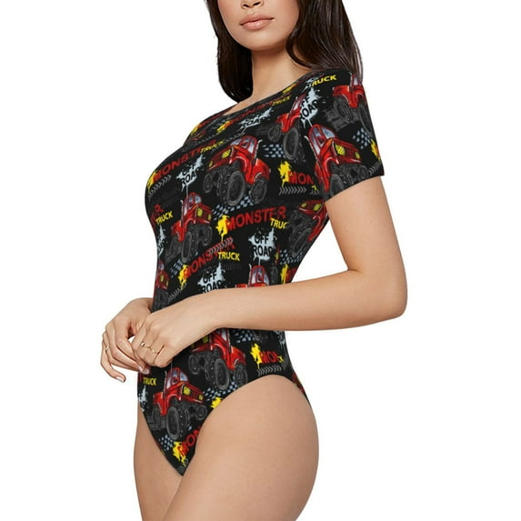 Goofa Monster Truck Printed Women Rash Guard Short Sleeve,Tummy control Swimsuit Surfing Swimsuit Bathing Suit One Piece Swimsuit UPF 50-Large