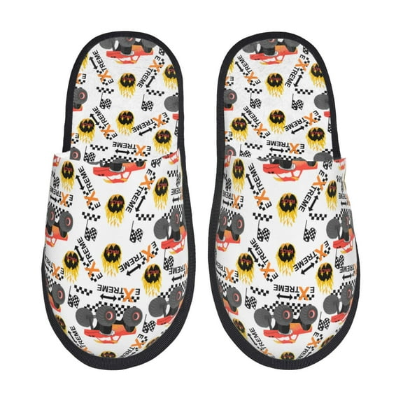 Goofa Monster truck Pattern Plush Furry Slippers for Men & Women, Cozy Indoor House Shoes with EVA Sole, Warm and Comfortable for All Seasons-Medium