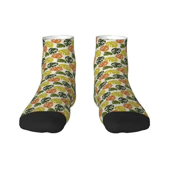 Goofa Monstera Leaves Pattern Non Slip Socks with Grips for Elderly, Crew Socks Yoga Hospital Socks Cushioned Sole Gripper Socks for Men Women