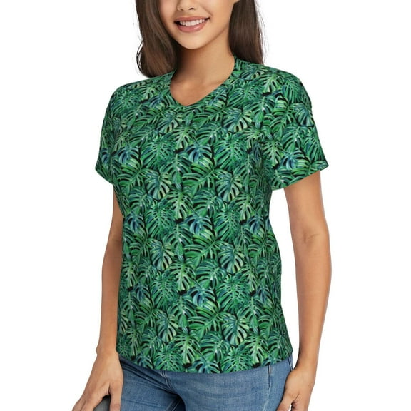 Goofa Monstera Leaves Pattern Women's Slim-Fit Short-Sleeve V-Neck T-Shirt,Classic-Fit Short-Sleeve V-Neck T-Shirt-X-Large