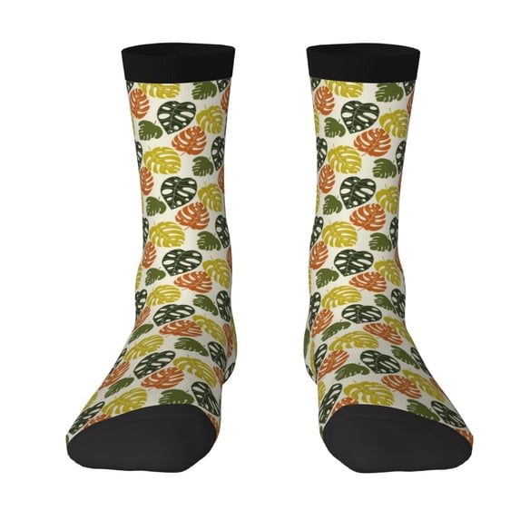 Goofa Monstera Leaves Printed Men's Crew Socks, Soft Durable Breathable Moisture-Wicking with Odor Control Cotton socks