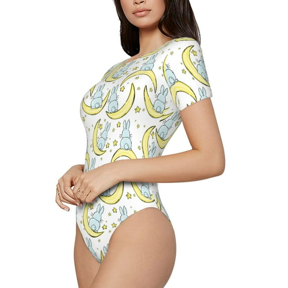 Goofa Moon And Rabbit Printed Women Rash Guard Short Sleeve,Tummy control Swimsuit Surfing Swimsuit Bathing Suit One Piece Swimsuit UPF 50-X-Large