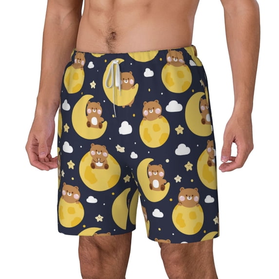 Goofa Moon Bear Printed Men's Swim Trunks Board Shorts Quick Dry Mens Swimming Trunks with Compression Liner,Breathable Fit Hawaii Beach Shorts-X-Large