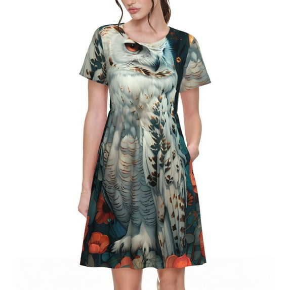 Goofa Moon Flower White Owl Pattern Women Summer Short Sleeve Midi Dress with Pockets Casual Aline Flowy Tshirt Dress Vocation Beach Sundress