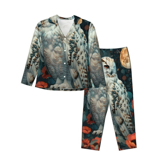 Goofa Moon Flower White Owl Printed Women’s 2 Piece Pajama Set Super,Pajamas Women's Long Sleeve Sleepwear Soft Button Down Loungewear Pjs Lounge Set Nightwear-XX-Large