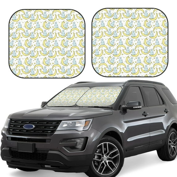 Goofa Moon And Rabbit Pattern 2 Piece Car Windshield Sun Shade Foldable | Front Windshield Shade for Sun, Heat and UV Rays | Sunshade for Car Front Window-