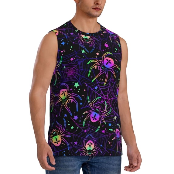 Goofa Multi-colored Spiders Printed Men's Sleeveless T-Shirt - Athletic Gym Workout Tank Top for Men - Moisture-Wicking, UPF 30+ Quick-Dry Muscle Tee-Large