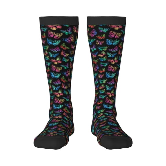 Goofa Multicolored Butterflies Pattern Adult Stockings, Color-Block Knee High Socks, Comfortable and Breathable, Soft and Stretchable, Sports, and Decoration