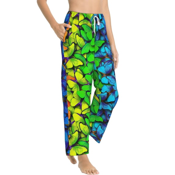 Goofa Multicolored Butterflies Printed Soft Pajama Pants for Women, Wide Leg Comfy Casual Lounge Yoga Pants-Medium
