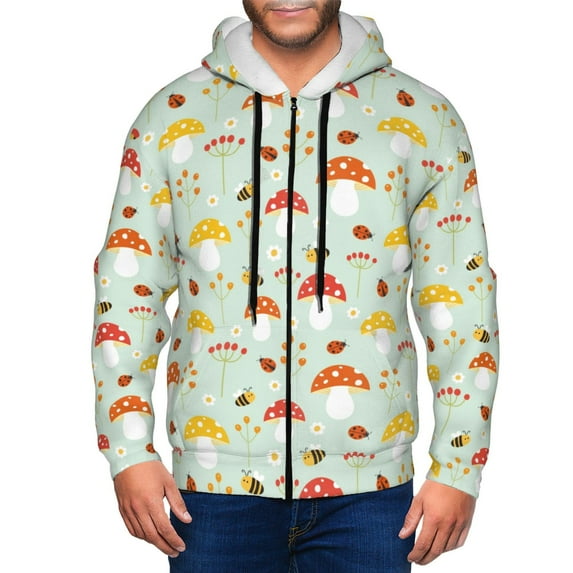 Goofa Mushroom Bee Pattern Mens Full-zip Hoodie, Zip-up Pullover Hooded Sweatshirt, Kangaroo Pocket Hoodie Ideal for Daily Wear, Travel, and Home-Large