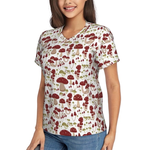 Goofa Mushroom Pattern Women's Slim-Fit Short-Sleeve V-Neck T-Shirt,Classic-Fit Short-Sleeve V-Neck T-Shirt-Medium