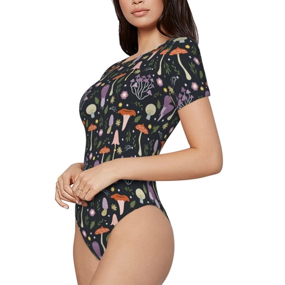 Goofa Mushroom Printed Women Rash Guard Short Sleeve,Tummy control Swimsuit Surfing Swimsuit Bathing Suit One Piece Swimsuit UPF 50-Small