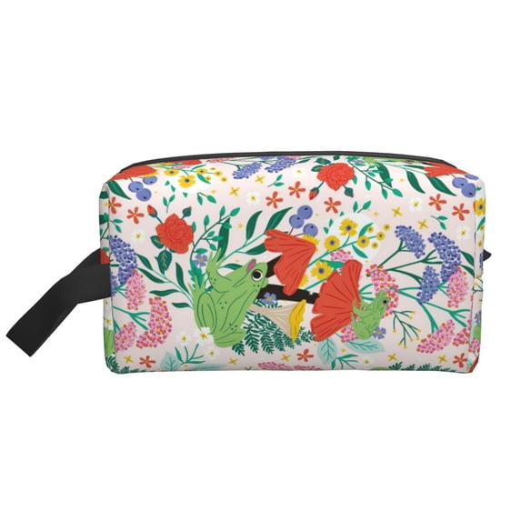 Goofa Mushroom and Frogs Printed Toiletry Bag with Handle,Large Capacity Travel Makeup Cosmetic Bag for Women, Carry on Airport Airline Compliant Bag