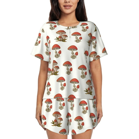 Goofa Mushroom for Womens Cotton 2 Piece Pajamas Set Classic Short Sleeve Pjs Set Soft Button Down Sleepwear Loungewear-XX-Large