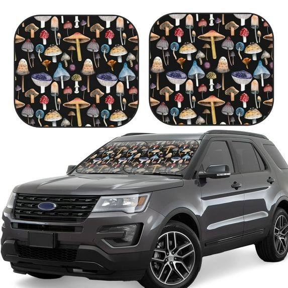 Goofa Mushrooms and Autumn Leaves Pattern 2 Piece Car Windshield Sun Shade Foldable | Front Windshield Shade for Sun, Heat and UV Rays | Sunshade for Car Front Window-Medium