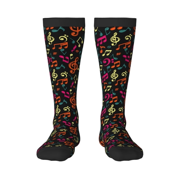 Goofa Music Notes Pattern Adult Stockings, Color-Block Knee High Socks, Comfortable and Breathable, Soft and Stretchable, Sports, and Decoration