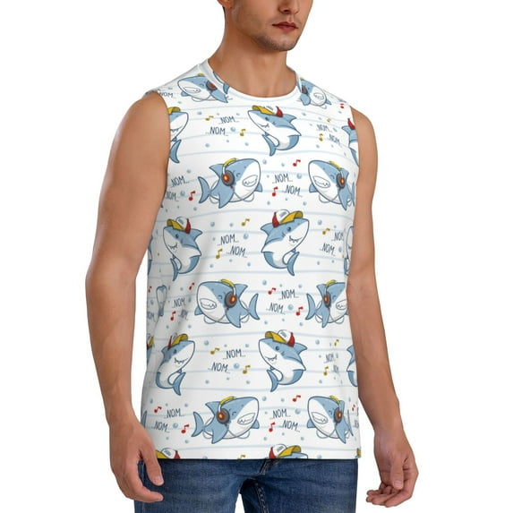 Goofa Music Shark Printed Men's Sleeveless T-Shirt - Athletic Gym Workout Tank Top for Men - Moisture-Wicking, UPF 30+ Quick-Dry Muscle Tee-Medium