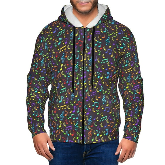 Goofa Musical Notes Pattern Mens Full-zip Hoodie, Zip-up Pullover Hooded Sweatshirt, Kangaroo Pocket Hoodie Ideal for Daily Wear, Travel, and Home-3X-Large