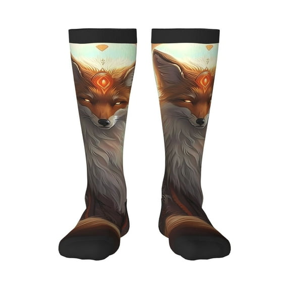 Goofa Mystic Fox With Halo Pattern Adult Stockings, Color-Block Knee High Socks, Comfortable and Breathable, Soft and Stretchable, Sports, and Decoration