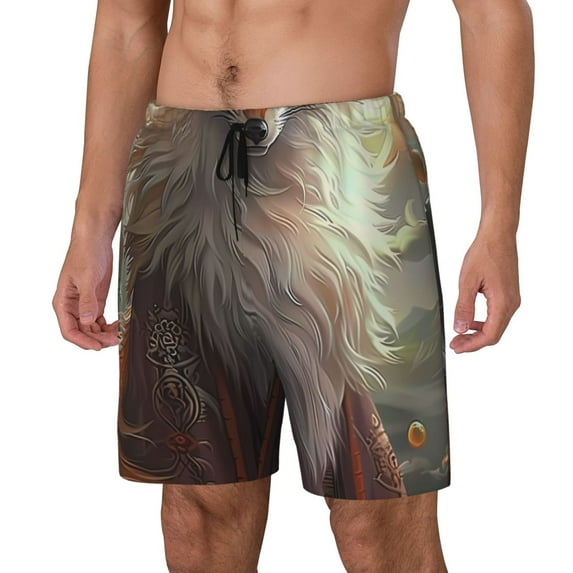Goofa Mystic Fox With Halo Printed Men's Swim Trunks Board Shorts Quick Dry Mens Swimming Trunks with Compression Liner,Breathable Fit Hawaii Beach Shorts-X-Large