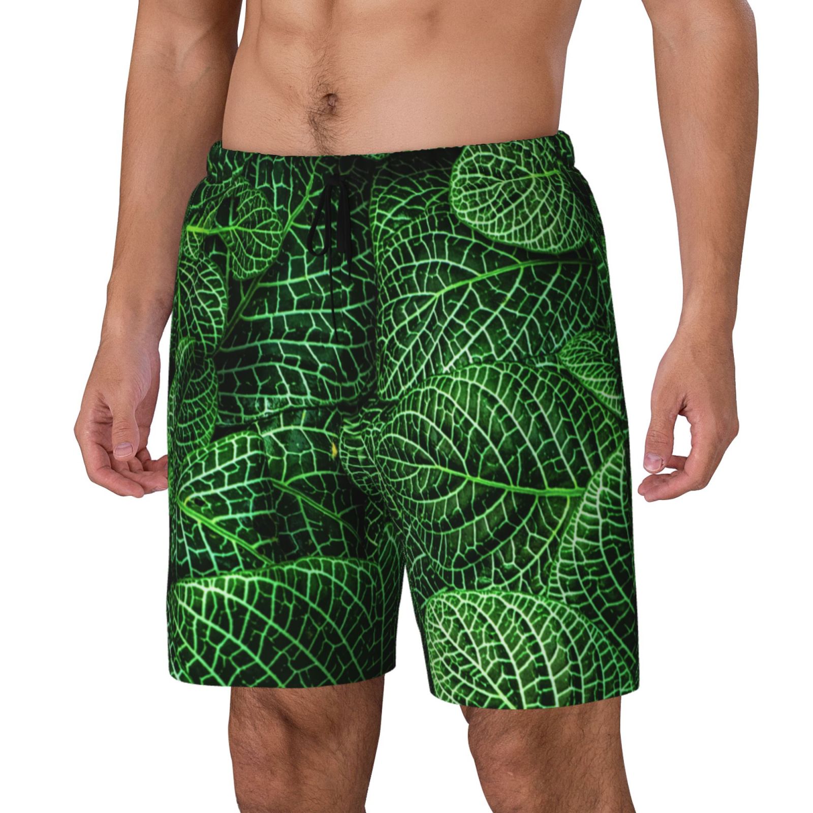 Goofa Natural Green Leaves Printed Men's Swim Trunks Board Shorts Quick ...