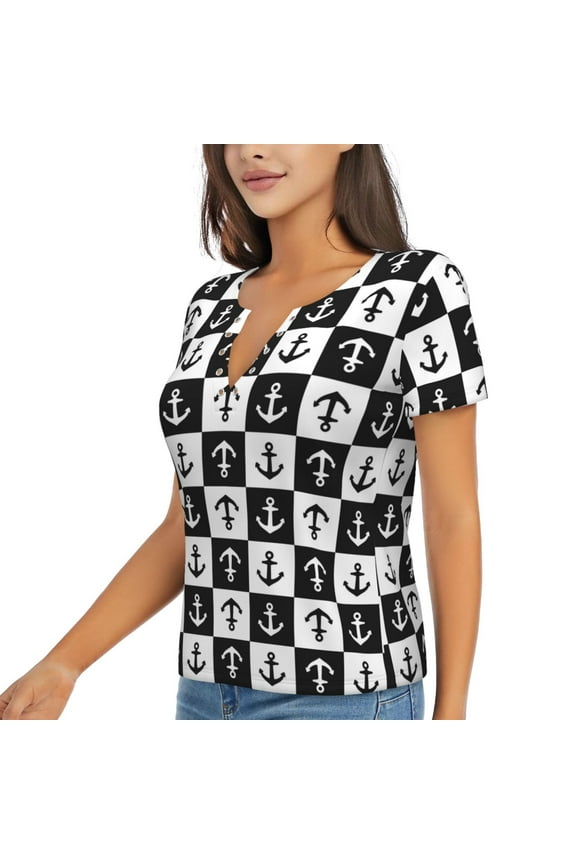 Nautical Anchors1 Pattern Womens Deep V Neck Low Cut Tops Casual Summer Short Sleeve Ribbed Knit T-Shirts-Medium