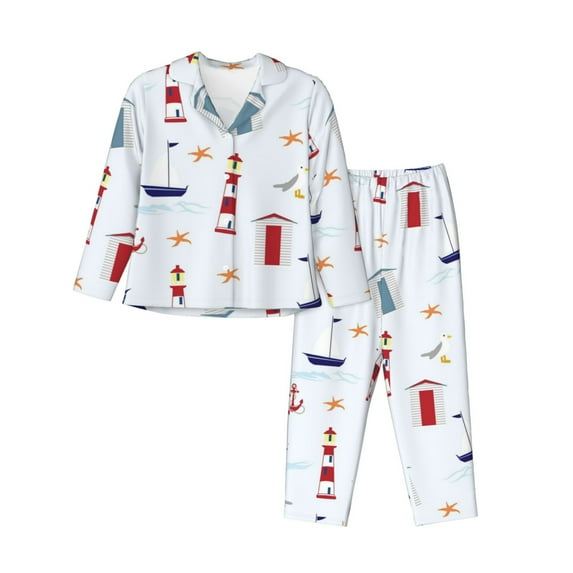 Goofa Nautical Lighthouse Sailboat Printed Women’s 2 Piece Pajama Set Super,Pajamas Women's Long Sleeve Sleepwear Soft Button Down Loungewear Pjs Lounge Set Nightwear-Medium