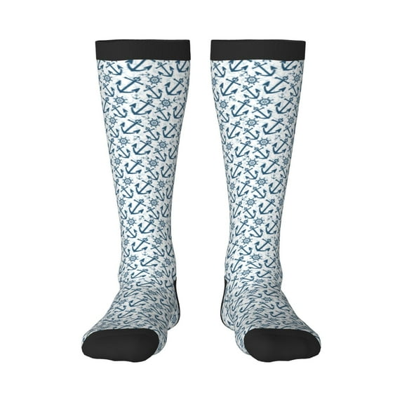 Goofa Nautical Theme Anchors Pattern Adult Stockings, Color-Block Knee High Socks, Comfortable and Breathable, Soft and Stretchable, Sports, and Decoration