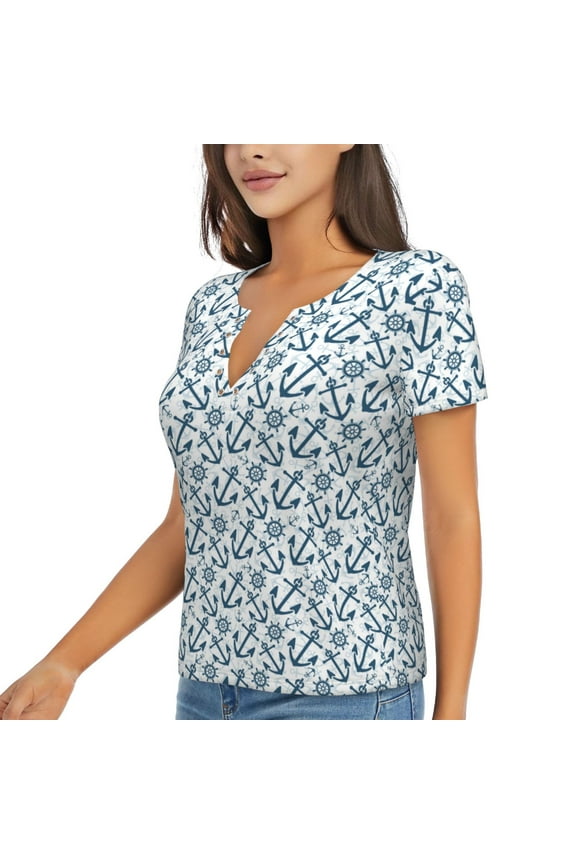 Nautical Theme Anchors Pattern Womens Deep V Neck Low Cut Tops Casual Summer Short Sleeve Ribbed Knit T-Shirts-Medium