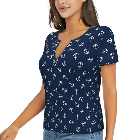 Goofa Nautical Themed Simple Anchors Pattern Womens Deep V Neck Low Cut Tops Casual Summer Short Sleeve Ribbed Knit T-Shirts-Large