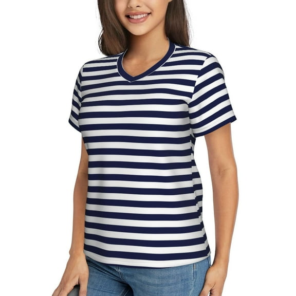Goofa Navy Blue And White Stripes Pattern Women's Slim-Fit Short-Sleeve V-Neck T-Shirt,Classic-Fit Short-Sleeve V-Neck T-Shirt-3X-Large