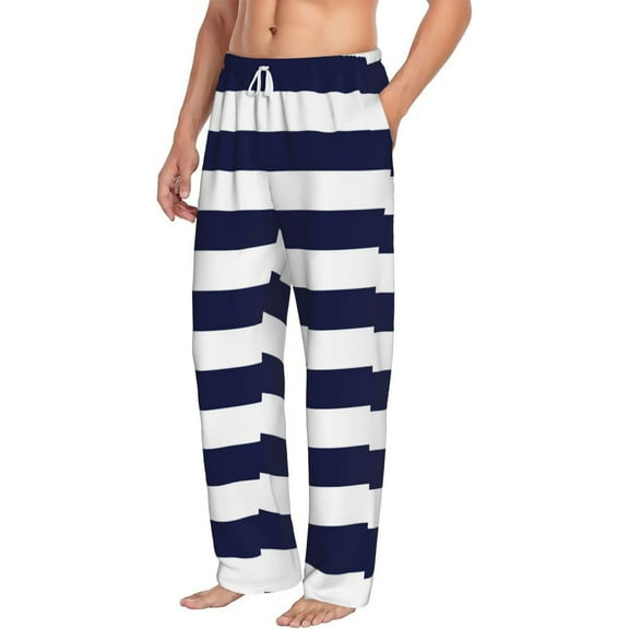 Goofa Navy Blue And White Stripes Printed Soft Pajama Pants for Men, Wide Leg Comfy Casual Lounge Yoga Pants-Small
