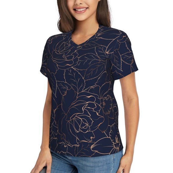 Goofa Navy Dark Blue Pattern Women's Slim-Fit Short-Sleeve V-Neck T-Shirt,Classic-Fit Short-Sleeve V-Neck T-Shirt-3X-Large