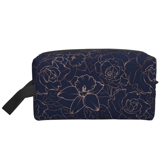 Goofa Navy Dark Blue Printed Toiletry Bag with Handle,Large Capacity Travel Makeup Cosmetic Bag for Women, Carry on Airport Airline Compliant Bag