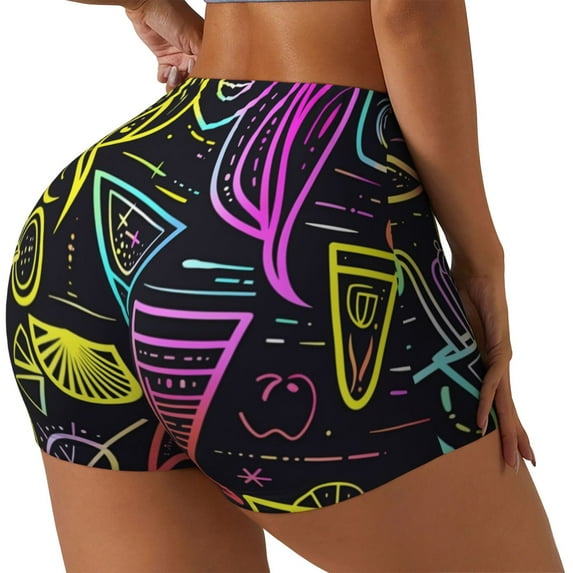 Goofa Neon Bar Drinks Printed Workout Shorts Women Seamless Scrunch Butt Lifting High Waisted Gym Booty Shorts Elastic Workout Shorts-Large
