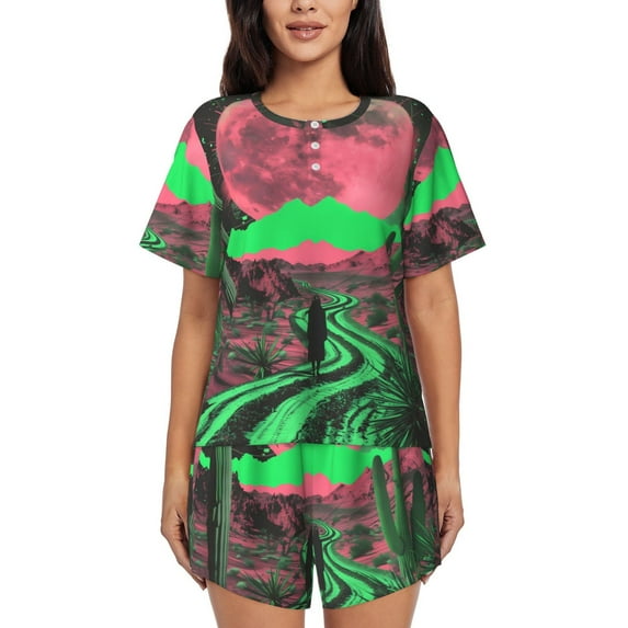 Goofa Neon Desert Moon for Womens Cotton 2 Piece Pajamas Set Classic Short Sleeve Pjs Set Soft Button Down Sleepwear Loungewear-X-Large