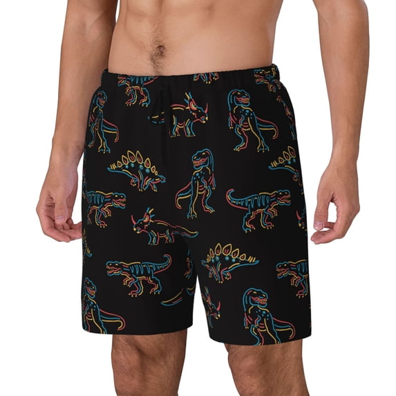 Goofa Neon Dinosaur Printed Men's Swim Trunks Board Shorts Quick Dry Mens Swimming Trunks with Compression Liner,Breathable Fit Hawaii Beach Shorts-3X-Large