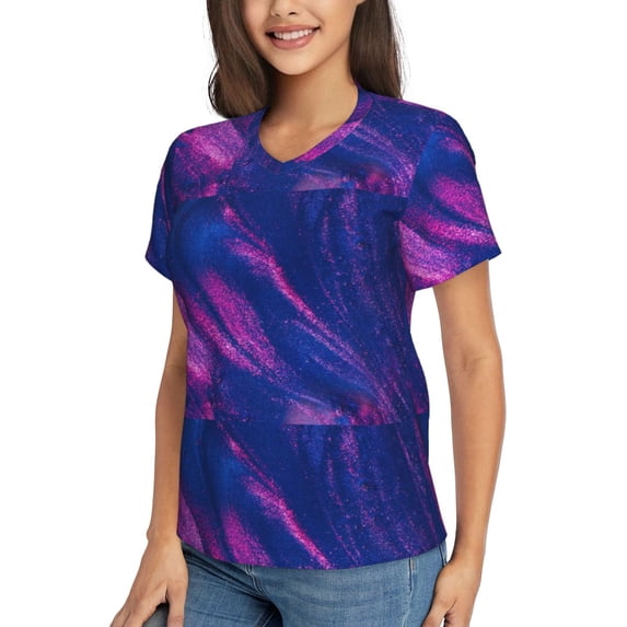Goofa Neon Gradient Blue Pattern Women's Slim-Fit Short-Sleeve V-Neck T-Shirt,Classic-Fit Short-Sleeve V-Neck T-Shirt-Small