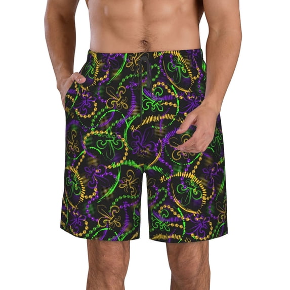 Goofa Neon Mardi Gras Printed Mens Swim Trunks Summer Quick Dry Short Beach Swimwear Bathing Suits-Large