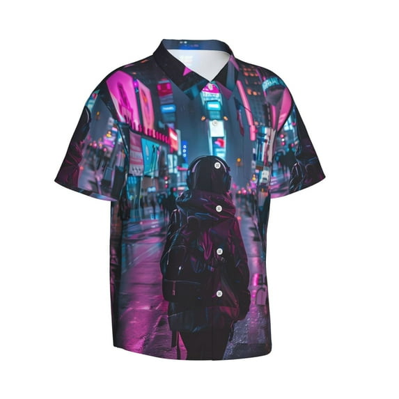 Goofa Neon Night Cityscape Hawaiian Shirt for Men, Unisex Summer Beach Casual Short Sleeve Button Down Shirts,Aloha Tropical Floral print shirt-Small