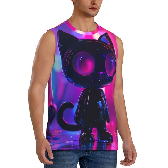 Goofa Neon Toy Cat Reflections Printed Men's Sleeveless T-Shirt - Athletic Gym Workout Tank Top for Men - Moisture-Wicking, UPF 30+ Quick-Dry Muscle Tee-Large