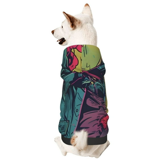 Goofa Neon Zombie Skull Pattern Small Dog Sweater Hoodies Pet Grey Hooded Soft Fleece Sweatshirts with Pocket Fall Winter Puppy Cat Sweaters Warm Clothes-Small