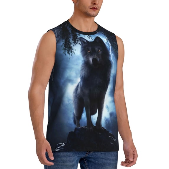Goofa Night Scene of Wolves Printed Men's Sleeveless T-Shirt - Athletic Gym Workout Tank Top for Men - Moisture-Wicking, UPF 30+ Quick-Dry Muscle Tee-Small