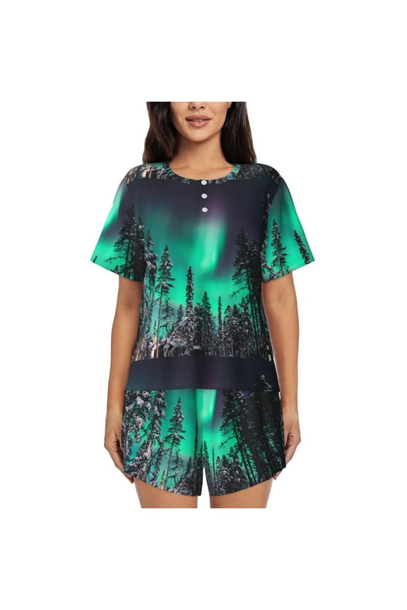 Northern Lights 2 for Womens Cotton 2 Piece Pajamas Set Classic Short Sleeve Pjs Set Soft Button Down Sleepwear Loungewear-XX-Large