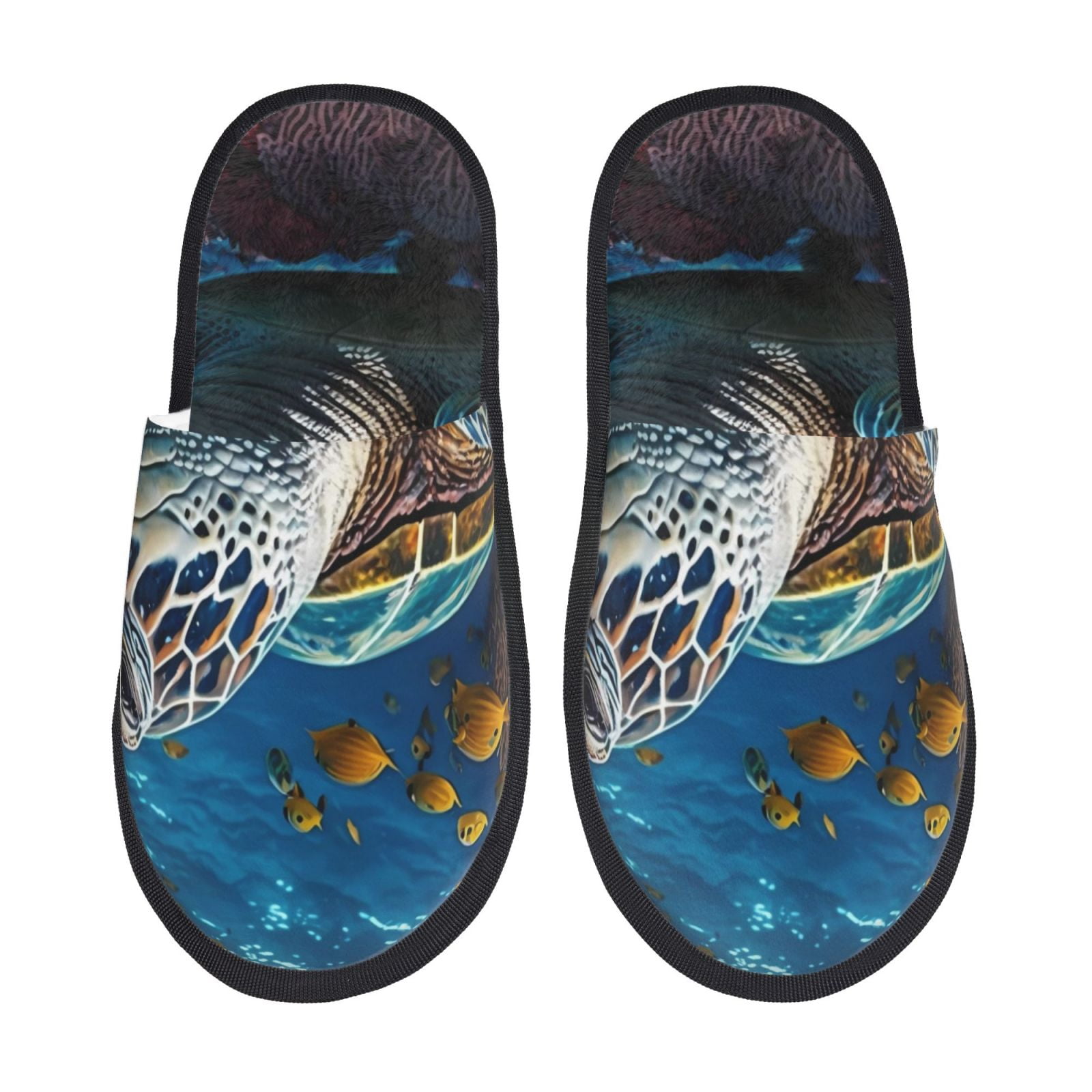 Goofa Ocean Coral Turtle Pattern Plush Furry Slippers for Men & Women ...