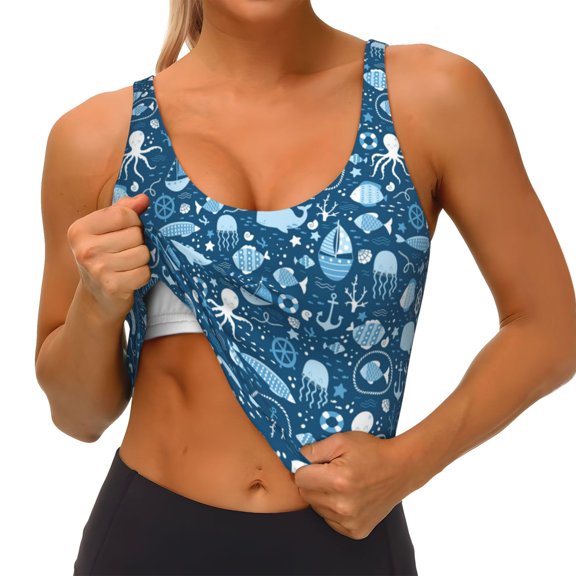 Goofa Octopus And Whale Printed Sports Bras for Women, High Impact Running Bra Workout Crop Tank Tops Longline Sports Bra Push up-XX-Large