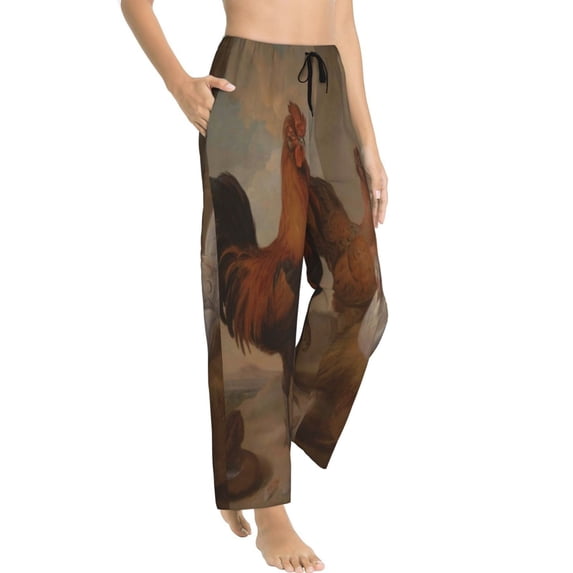 Goofa Oil Painting Chicken And Duck Printed Soft Pajama Pants for Women, Wide Leg Comfy Casual Lounge Yoga Pants-Medium
