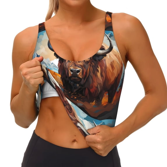 Goofa Oil Painting Style Iceberg Yak Printed Sports Bras for Women, High Impact Running Bra Workout Crop Tank Tops Longline Sports Bra Push up-Large