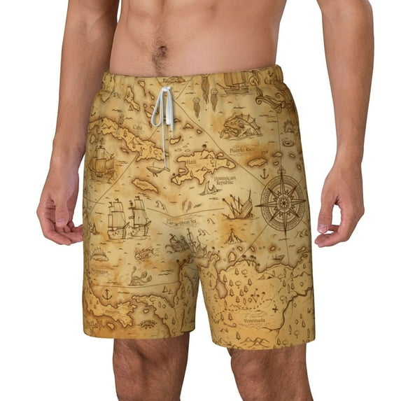 Goofa Old Vintage Map Of Sea Printed Men's Swim Trunks Board Shorts Quick Dry Mens Swimming Trunks with Compression Liner,Breathable Fit Hawaii Beach Shorts-XX-Large